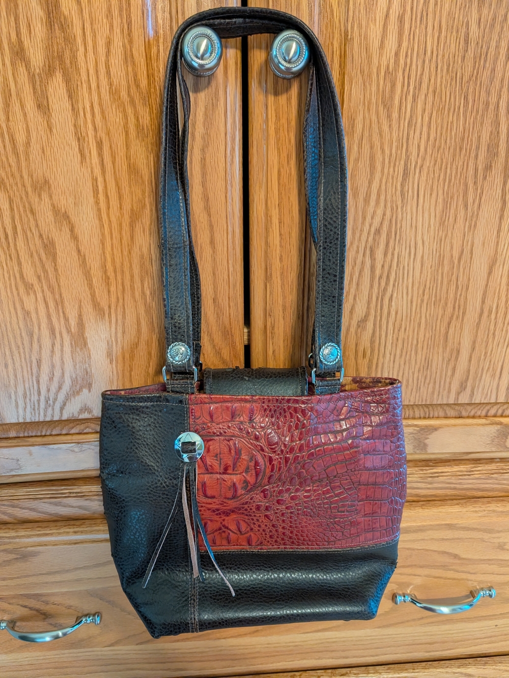 Brown & Red Croc-Accent Tote Bag